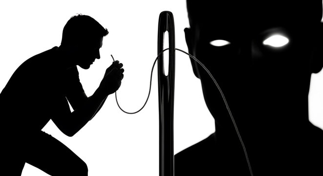 A silhouette of a man eavesdropping on another person through a wiretap