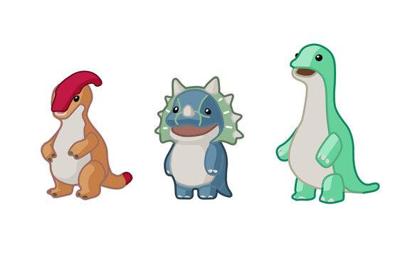 かわいい恐竜のぬいぐるみ風キャラクターイラスト　3体セット（パラサウロロフス、トリケラトプス、ブラキオサウルス）Game　Assets