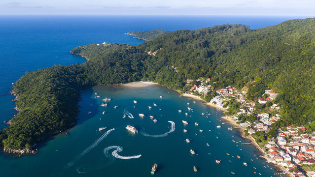 Aerial view of Caixa d Aco bay with boats and luxury leisure scene in Porto Belo Brazil.
