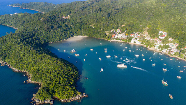 Aerial view of Caixa d Aco bay with anchored boats in Porto Belo Santa Catarina Brazil.

