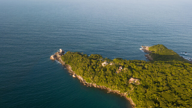 Aerial view of Ponta do Araca peninsula in Porto Belo Santa Catarina Brazil with Atlantic Ocean coastline.