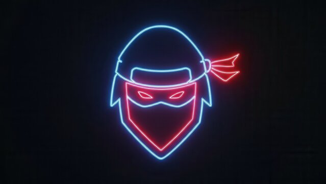 Vibrant neon graphic illustration of a masked stealthy warrior head with glowing blue and red lines