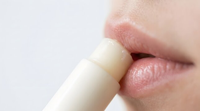 Extreme Close-Up of Woman Applying Moisturizing Lip Balm to Lips for Dry Skin Protection and Care