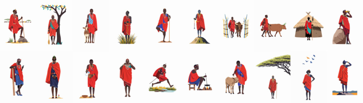 Vector illustration set depicting the Maasai people of Kenya and Tanzania in traditional dress, performing various daily tasks and cultural activities.