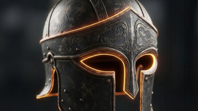Ancient warrior helmet glowing with mystic power, an epic artifact from forgotten eras beckons