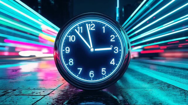 スマートシティの夜を象徴するネオン時計と光跡、交通とデータの流れを示す未来背景