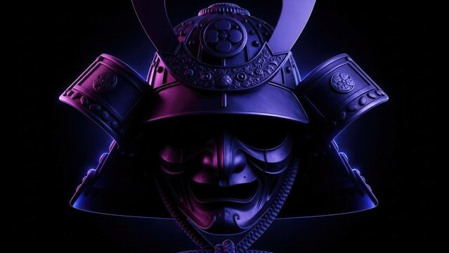 Dramatic portrayal of a traditional samurai helmet and mask under intense neon illumination