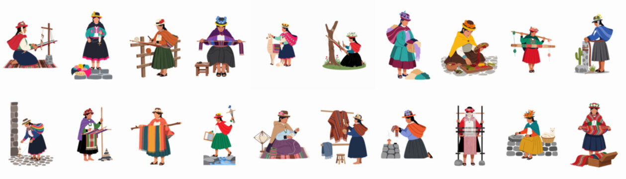 Flat Vector Illustration Set of Traditional Andean Women Weaving, Spinning, and Dyeing Wool in the Peruvian Highlands.