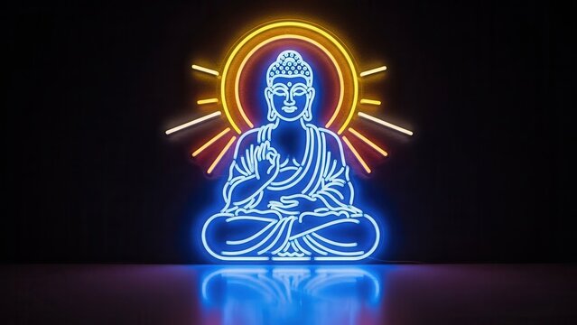 Vibrant blue neon Buddha outline radiating spiritual light against a dark reflective background