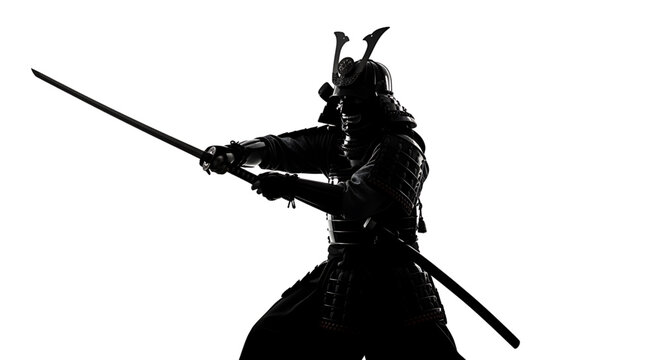 A black silhouette of a samurai warrior holding a sword in a fighting stance