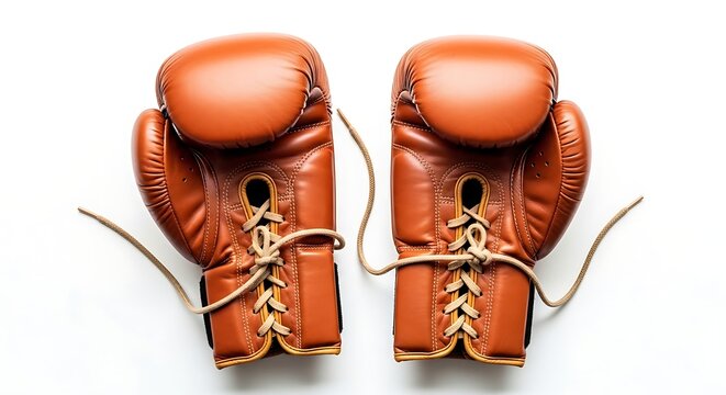 Brown leather boxing gloves pair.