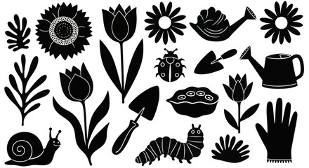 Gardening Elements Silhouette Collection with Flowers Insects and Tools. © Tomo