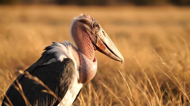 Close-Up Portrait of a Marabou Stork Standing in Dry Grassland During Golden Hour