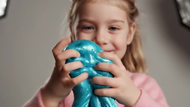 Close Up Of A Young Girl With Blonde Hair Playing With Sparkly Blue Slime Indoors