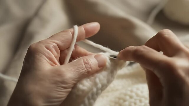 Close Up Of Hands Crocheting White Yarn With Metal Hook On Textured Beige Fabric Background