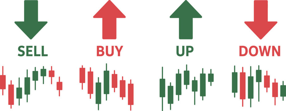 Four financial trading with red and green arrows and text labels sell buy up down above candlestick charts representing market trends and stock exchange movements on a plain white background