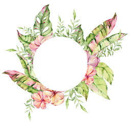 Fototapeta premium Watercolor tropical floral frame with exotic frangipani flowers and palm leaves on transparent background. Decorative botanical wedding invitation template with round copy space area.