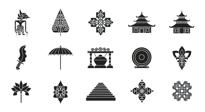 Collection of traditional Indonesian cultural symbols and icons in black silhouette.