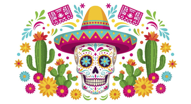 Colorful Sugar Skull with Sombrero and Cacti for Day of the Dead.