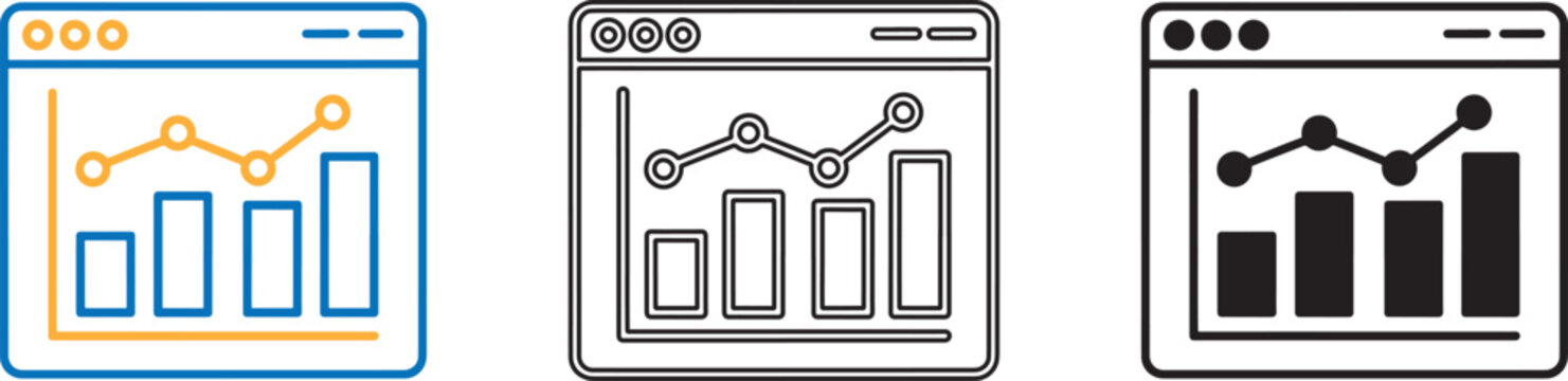 Data analysis icon set line outline and solid versions displayed