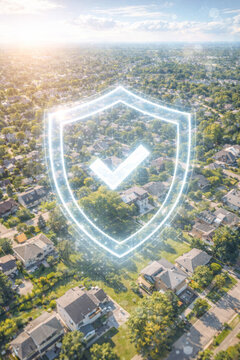 Digital shield symbolizing security over residential neighborhood landscape