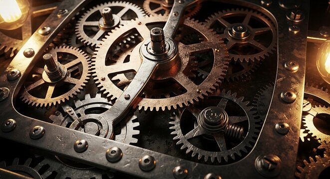 Intricate industrial clock gears and cogs interlocking in steampunk style, detailed metallic textures with warm bronze tones, mechanical engineering and vintage technology concept.