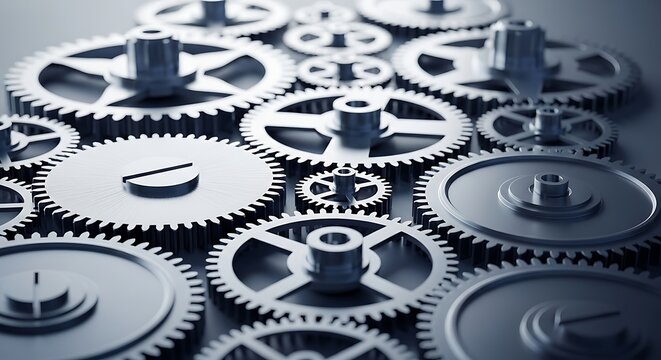 Clean polished clock gears aligned perfectly, high precision engineering concept with cool tones and minimal background, showcasing accuracy, innovation and modern mechanical design.