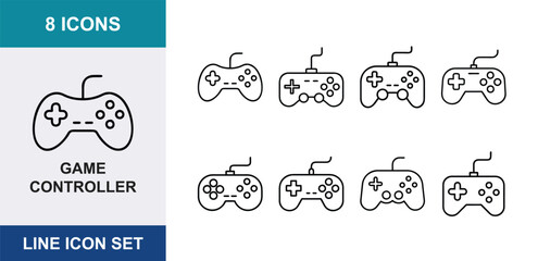 8 Game controller linear icons gamepad joystick console buttons d-pad wire, UI and web interface design © Bundleprohub