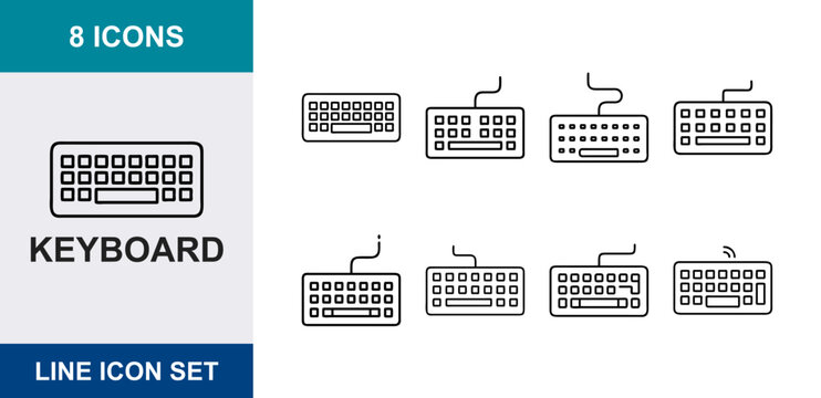 8 Keyboard linear icons computer hardware keys wired wireless peripheral devices, UI and web interface design