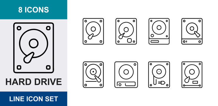 8 Hard Drive linear icons hdd disk storage memory hardware computer components, UI and web interface design