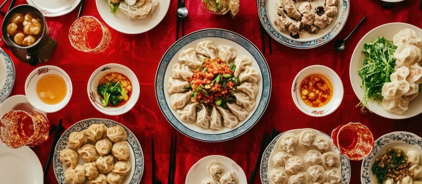 Assorted dumplings and other Asian dishes on a red tablecloth