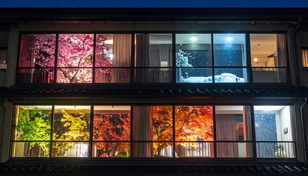 窓ごとに異なる四季の風景が見える日本の団地の超現実的な夜景