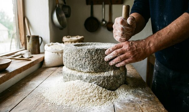 Close-up of skilled hands operating a traditional stone quern, diligently grinding fresh grain into wholesome flour on a rustic wooden table, embodying ancient artisanal food preparation