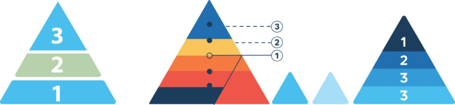 Three colorful triangular diagrams with stacked horizontal segments and numbered labels showing hierarchical data structures on a plain white background