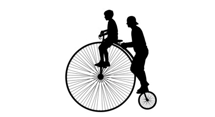 Obraz premium A black silhouette illustration of two people riding a penny-farthing bicycle