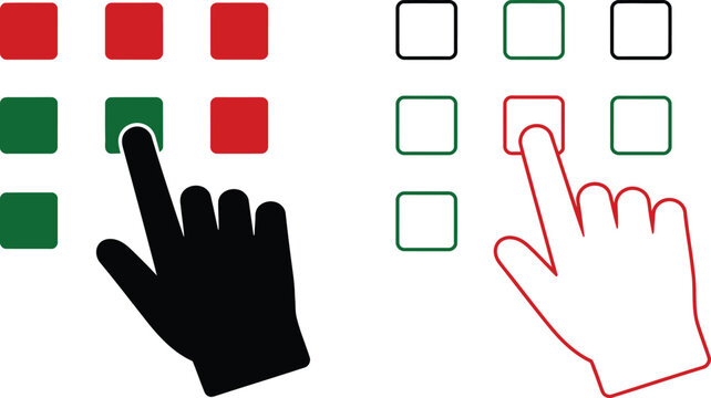 Two hands interacting with grid interfaces one solid black hand touching a green square and one red outlined hand touching a white square with a red border on a white background