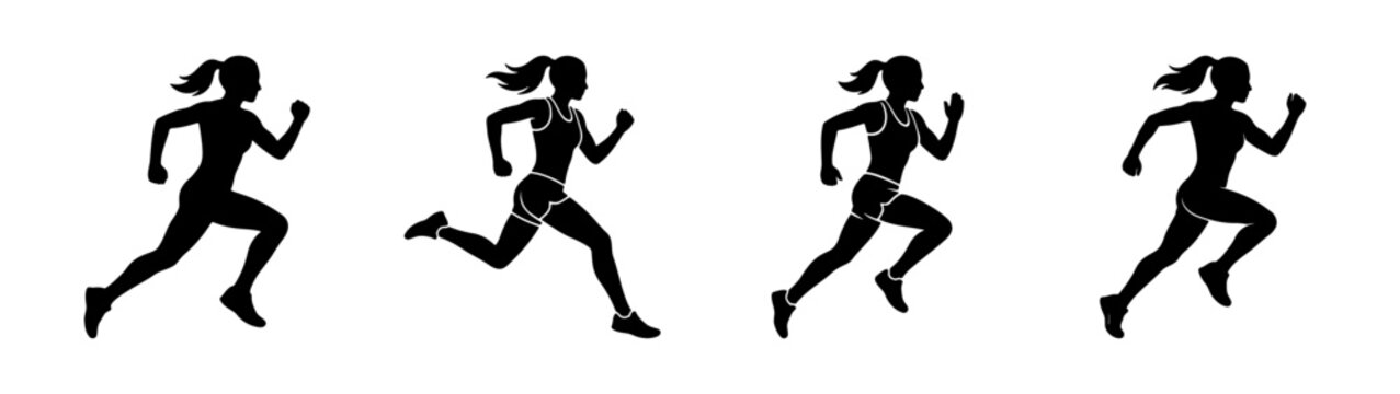 Black silhouette of running woman marathon runner illustration vector graphic design element images stock photos