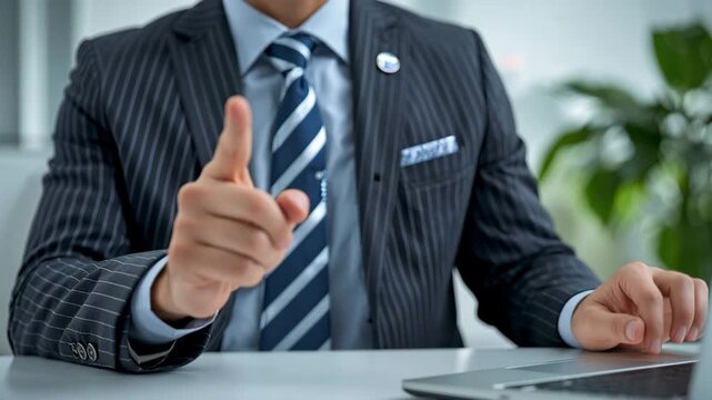 指差しで注意点を示すスーツ姿の手元、明るいオフィスデスクのビジネス場面