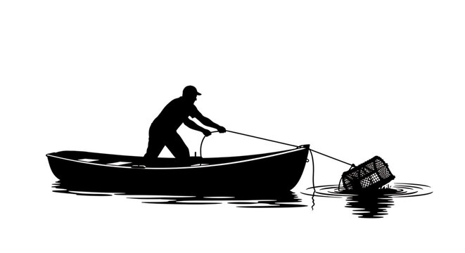 A minimalist vector graphic of a man in a boat pulling a fishing trap