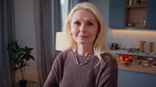 Mature blonde woman poses alone in calm home portrait moment