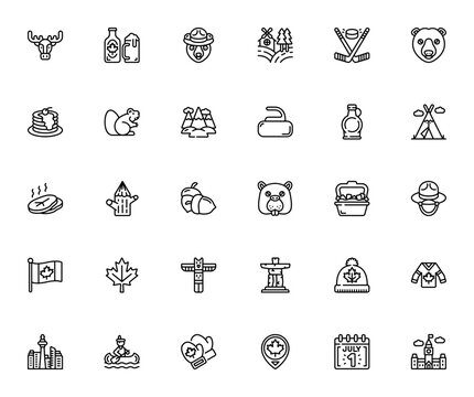 Canada themed icon set. Vector illustration featuring Moose, Beer, Bear, Maple Syrup, Hockey, Poutine, Totem, Flag and more. Editable stroke.