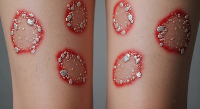 Pair of legs with ringworm infection suitable for healthcare publications, dermatology websites, medical presentations, skin infection educational materials.