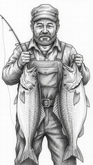 Obraz premium The Catch of a Lifetime: A grizzled fisherman proudly displays his impressive haul of two freshly caught fish, fishing rod held ready, a testament to his skill and patience.