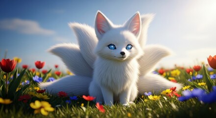 Obraz premium A small fluffy white fox creature with large sparkling eyes sits peacefully in a sunlit meadow of colorful spring flowers under a blue sky, bright, colorful, cartoon