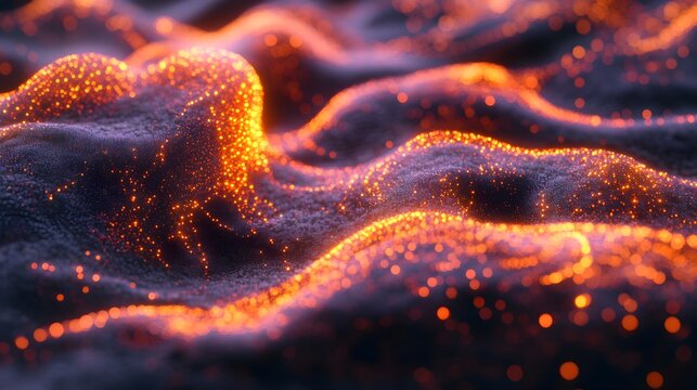 Glowing orange particles form undulating waves across a dark textured surface.
