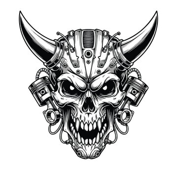 A detailed black and white illustration of a mechanical demon skull with large horns and motorcycle pistons, conveying a powerful and menacing vibe against a stark background