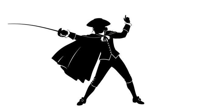 A black silhouette of a man in 18th century attire wielding a sword in a dynamic pose