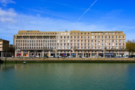 Post-war reconstruction residential buildings by Auguste Perret along the Bassin du Commerce in Le Havre, Normandy, France