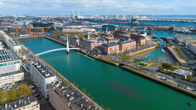 Aerial view of the iconic white pedestrian bridge over the Bassin du Commerce in the city center of Le Havre, Normandy, France