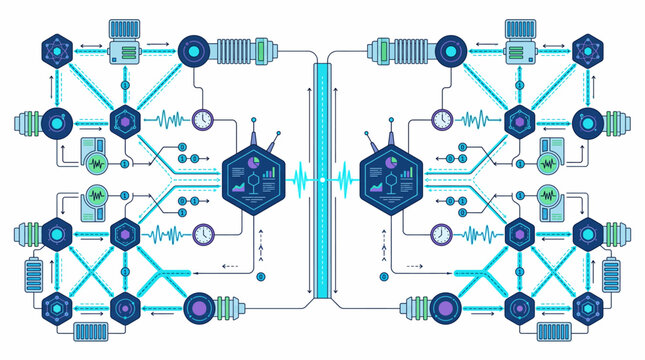 A complex network diagram with various nodes and connections.